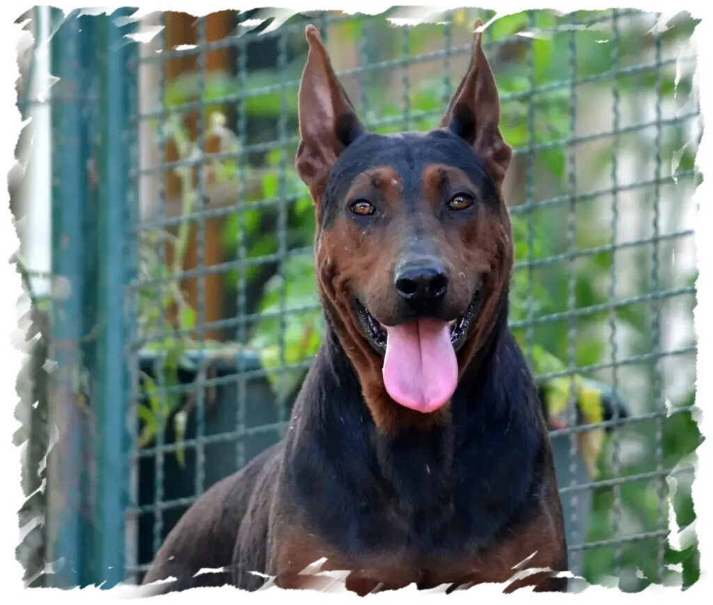 Dobermann détendu devant un grillage chez pension-phoenix près de Toulouse, Montauban, Albi, Castres, Saint Sulpice,