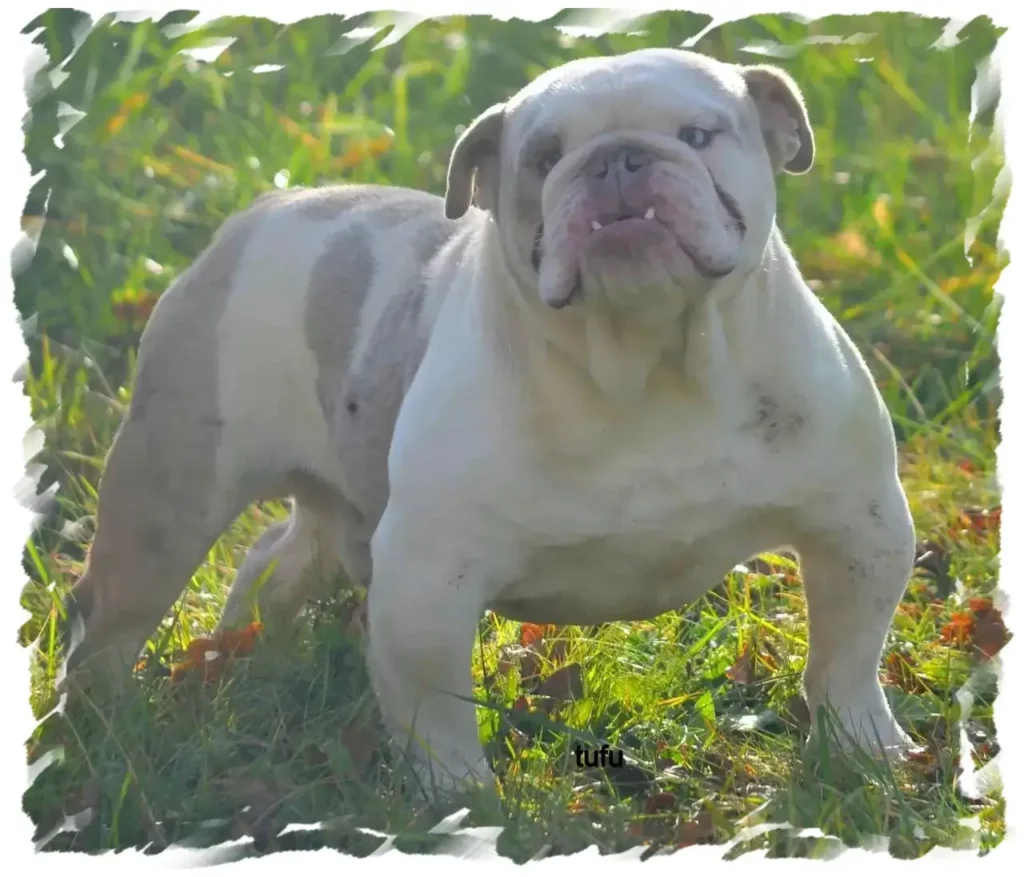 Bulldog anglais sur pelouse à la pension-phoenix près de Toulouse, Montauban, Albi, Castres et Saint Sulpice,